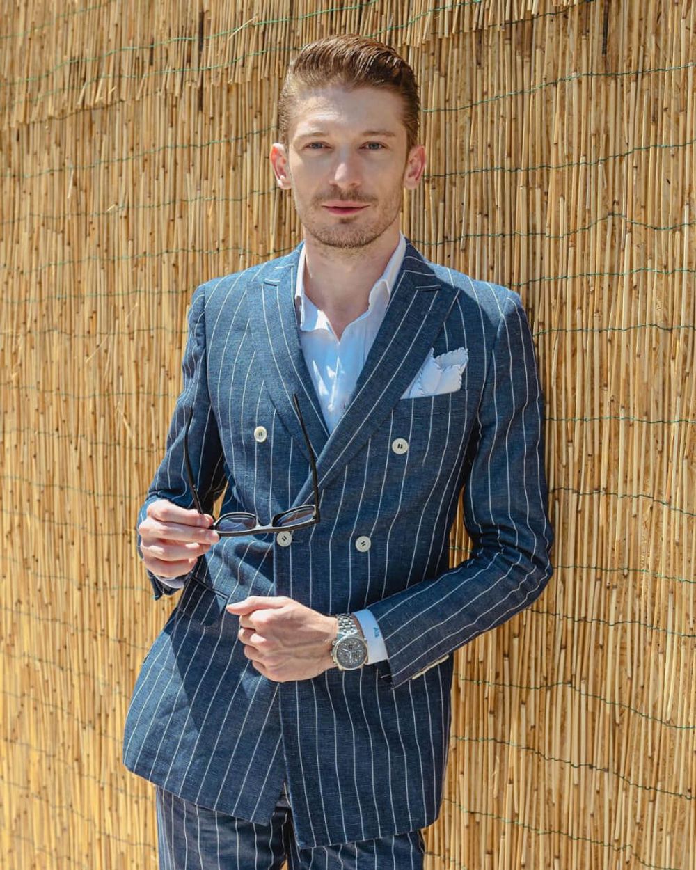 Double-breasted Striped Suit with Loafers
