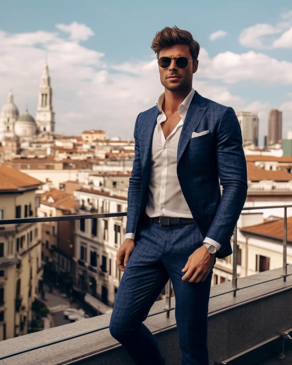 Checked Navy Blue Linen Suit 