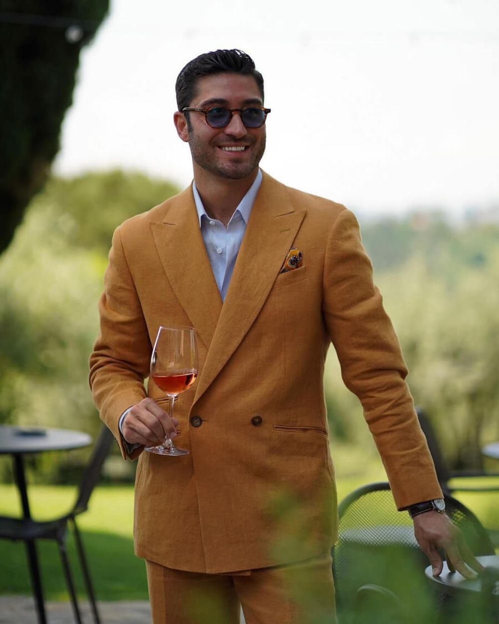 Double-breasted Camel Suit with Brown Loafers