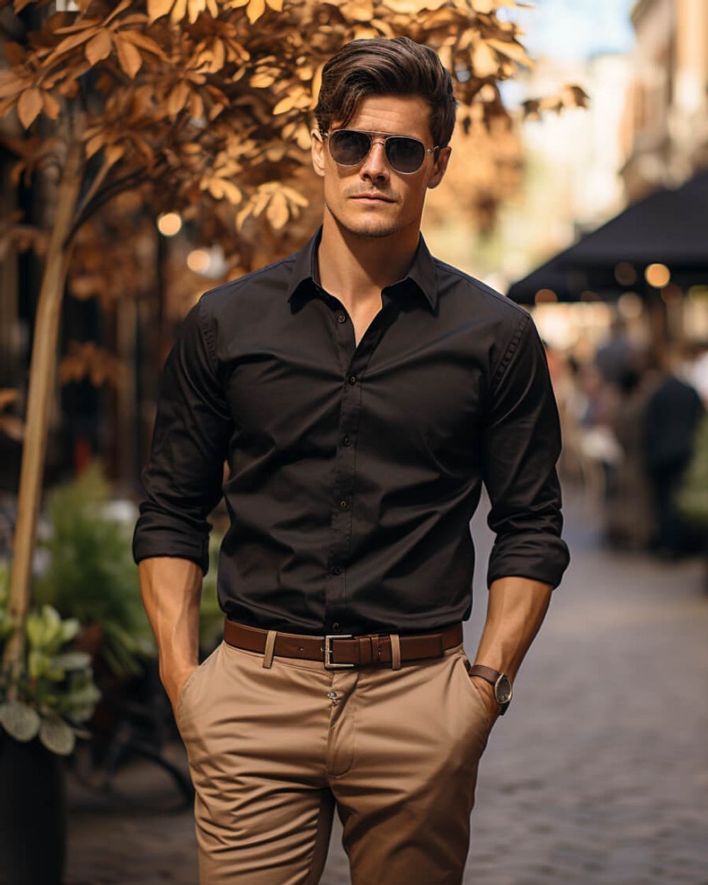 Black shirt brown chinos on sale