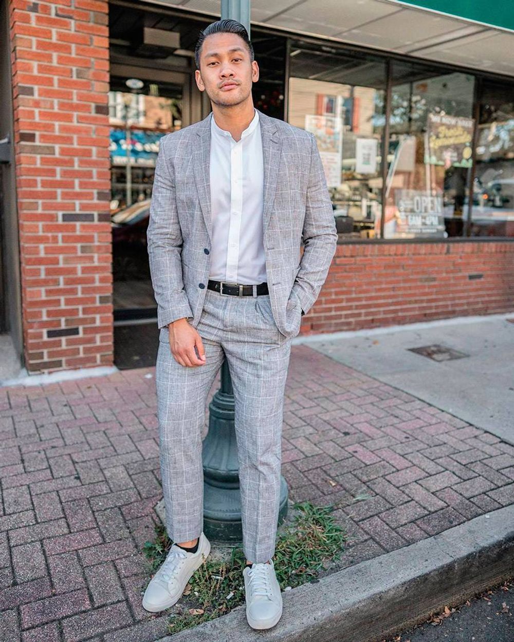 Casual in gray striped suit with mao shirt