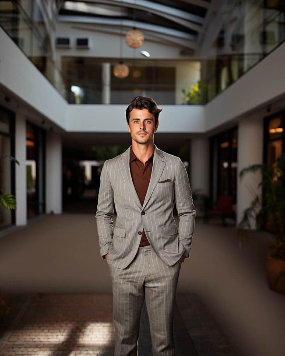 Grey Striped Suit with Burgundy Polo Shirt Hockerty