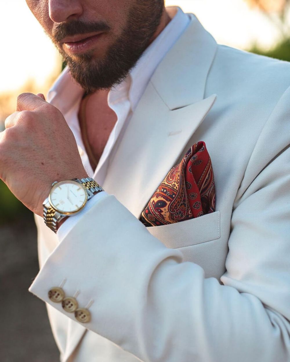 Striped Pants with White Double-Breasted Blazer