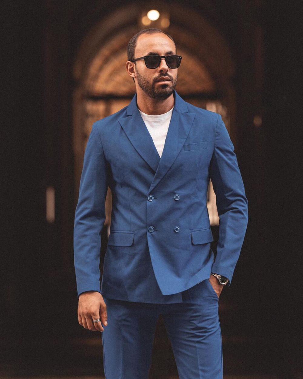 Blue Double-Breasted Suit with T-Shirt