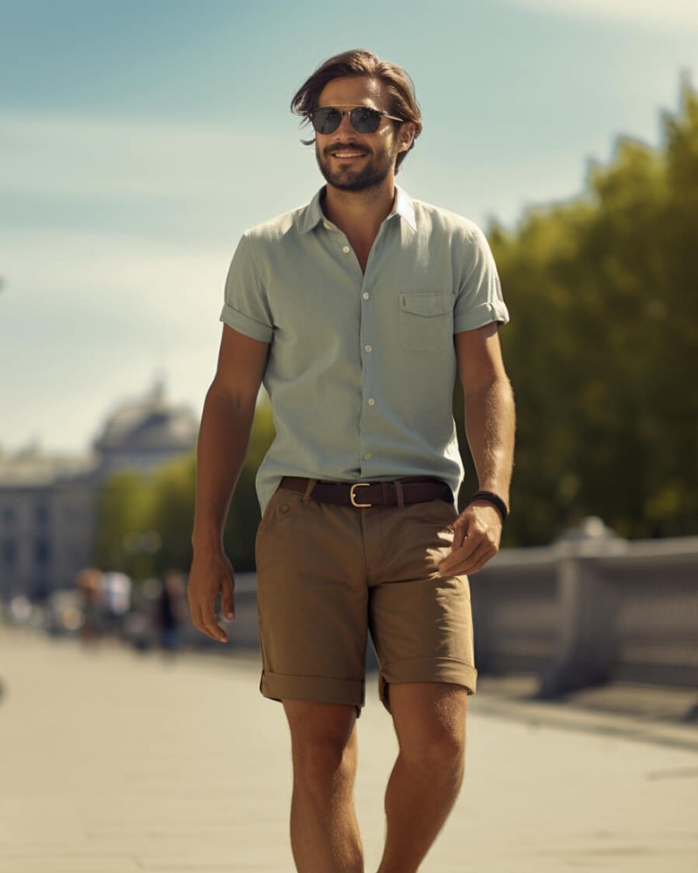 Light Blue Shirt with Brown Bermuda Shorts | Hockerty