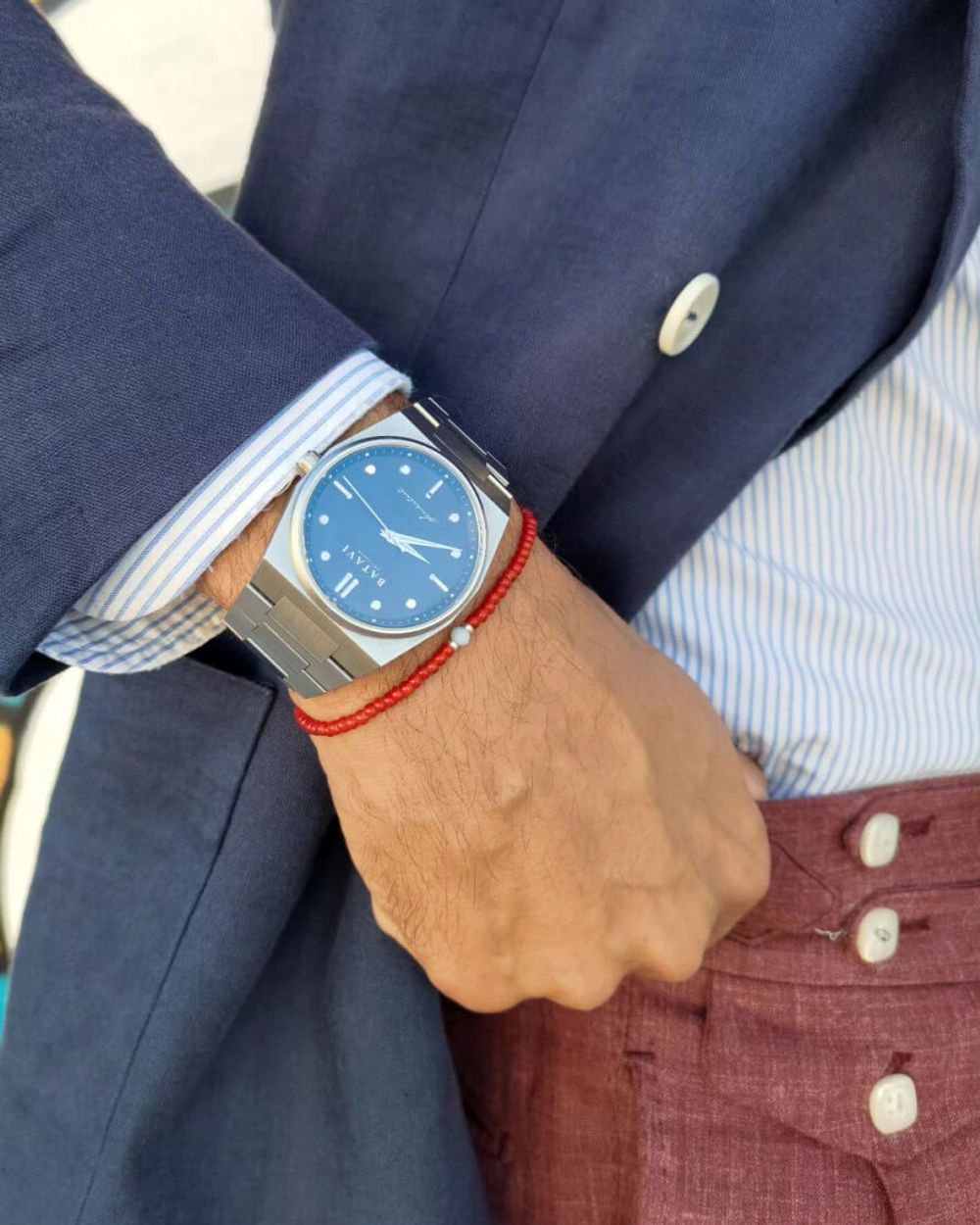 Blue Double-Brested Blazer with Terracota Linen Pants