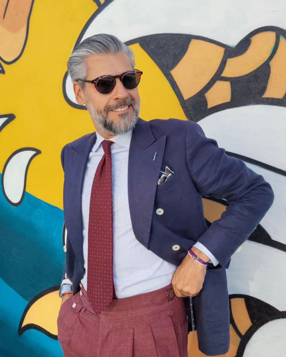 Blue Double-Brested Blazer with Terracota Linen Pants