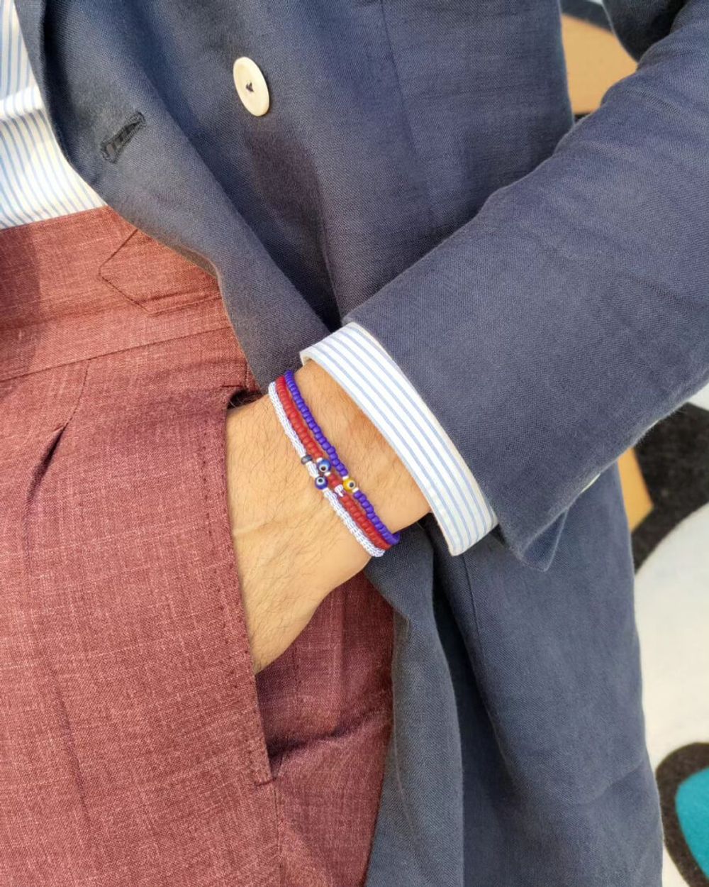 Blue Double-Brested Blazer with Terracota Linen Pants