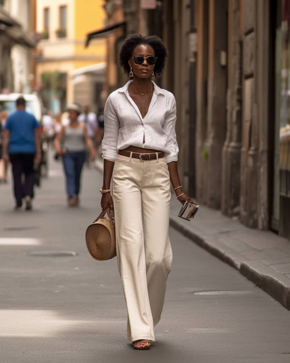 Beige trousers and white shirt online