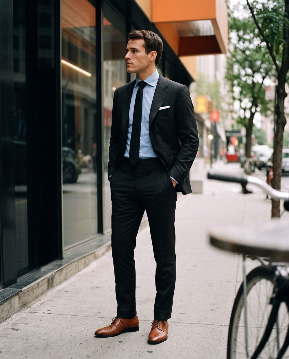 black dress shoes with blue suit Shirt and Brown Smock a luxurious ensemble crafted colour:Black What Dresses Are Best
