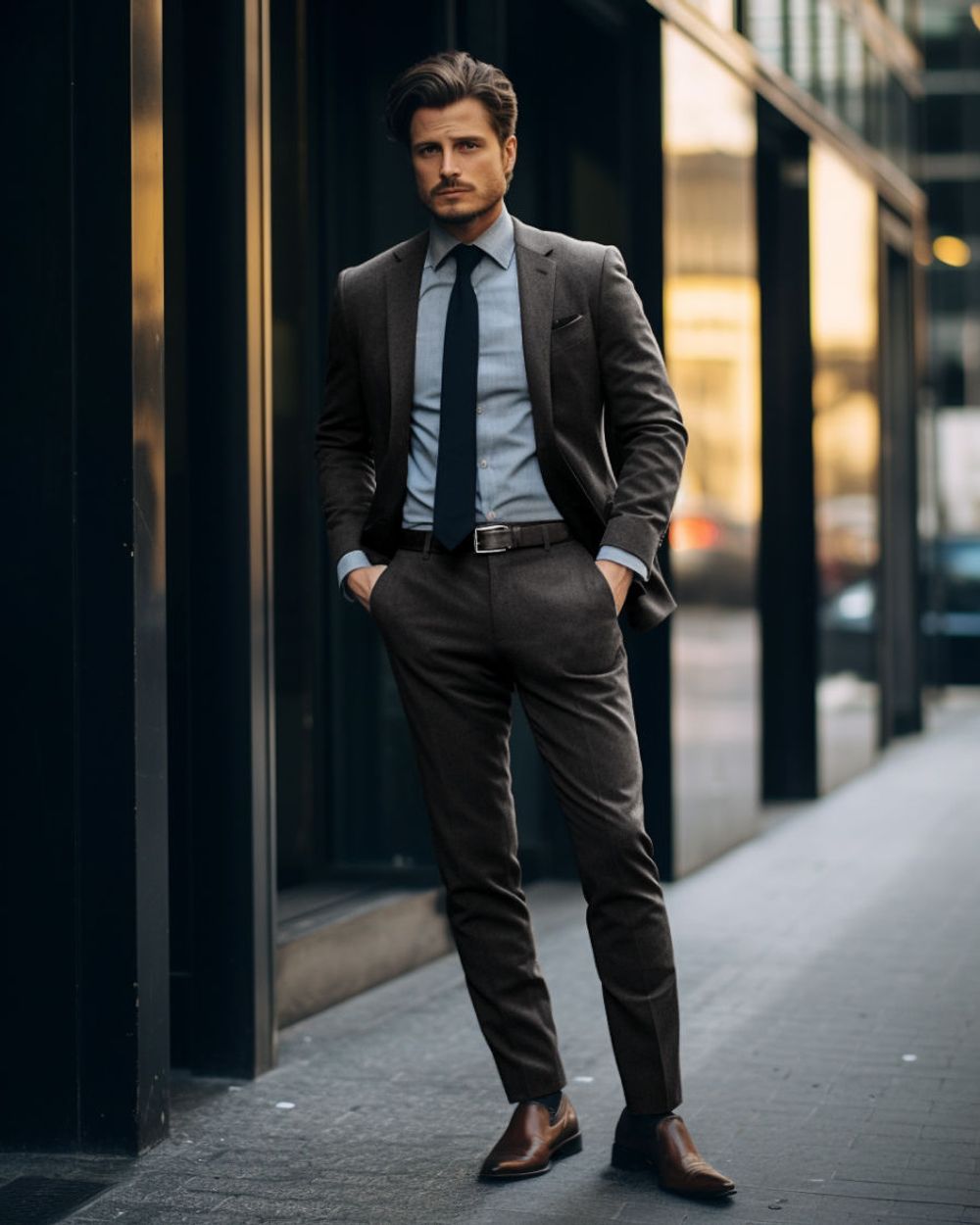 Grey shops suit blue shirt black shoes