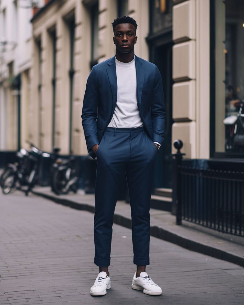 White Sneakers with Navy Blue Suit Hockerty