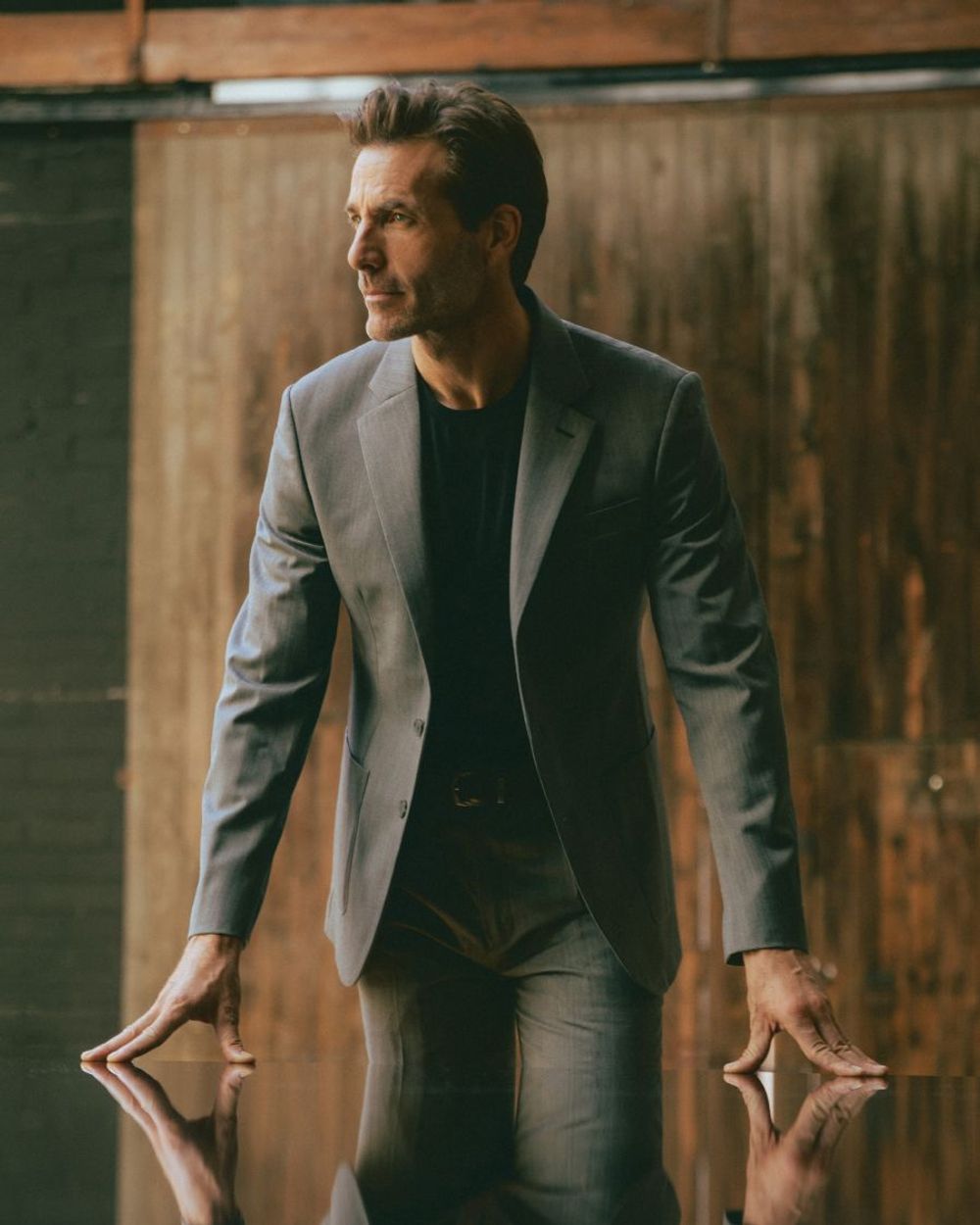 Sharp Silver Suit with Brown Leather Sneakers