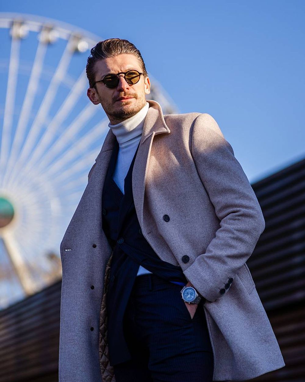 Blue striped suit with turtleneck and elegant overcoat Hockerty