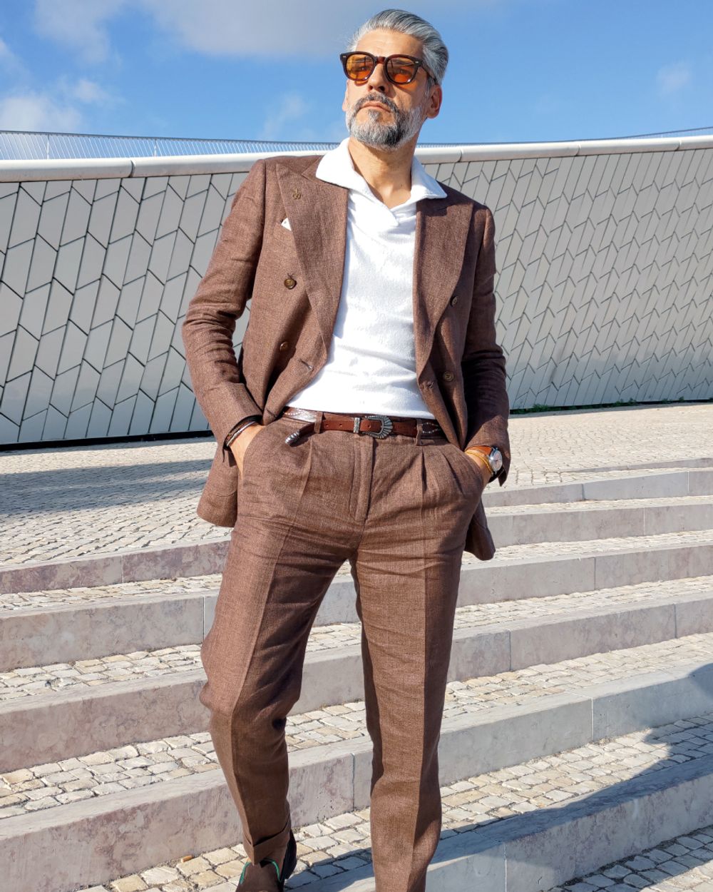 Brown Linen Double-Breasted Suit with Sunglasses