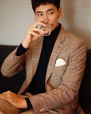Tweed blazer, turtleneck and chino pants