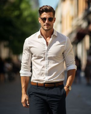 White Shirt with Dark Blue Chinos