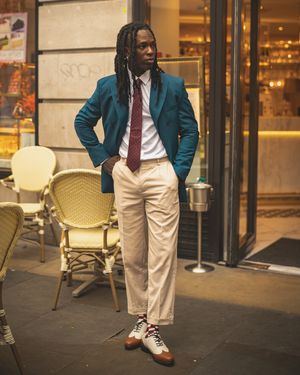 Green Blazer and Beige Pants with Spectator Shoes