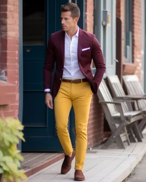Burgundy Blazer with Mustard Chinos