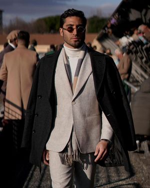 Light Gray Suit with Black Overcoat