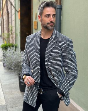 Black and White Patterned Blazer with Black T-Shirt