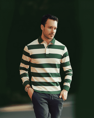 Green Striped Rugby Shirt with Navy Chinos