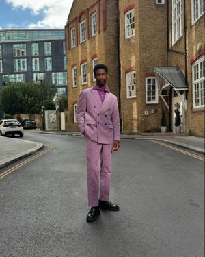 Lavender Double-Breasted Suit with Purple Shirt