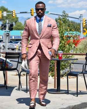 Rose Linen Suit with Striped Blue Shirt
