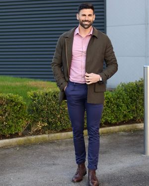 Olive Green Jacket with Pink Shirt and Blue Trousers