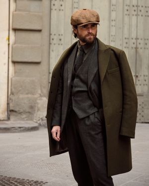 Army Green Wool Suit with Overcoat and Flat Cap