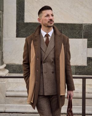 Brown Wool Overcoat with Tweed Double-Breasted Suit