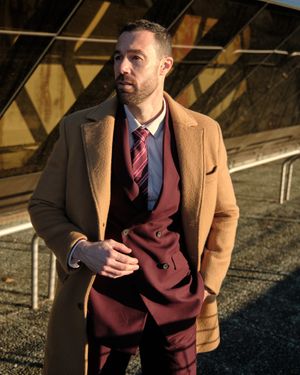 Camel Overcoat with Burgundy Double-Breasted Suit
