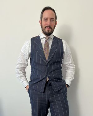Navy Pinstriped Vest and Trousers with Checked Shirt
