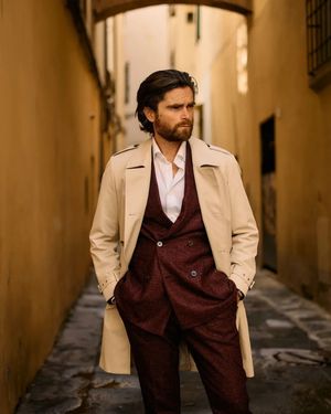 beige-trench-coat-maroon-wool-suit