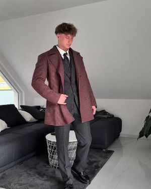 Houndstooth Overcoat with Grey Wool Suit and Black Tie