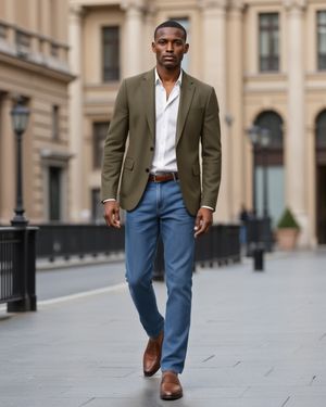 Olive Green Blazer with White Shirt and Blue Jeans