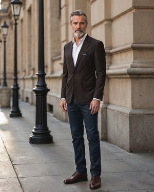 brown-pinstripe-blazer-white-shirt-blue-trousers