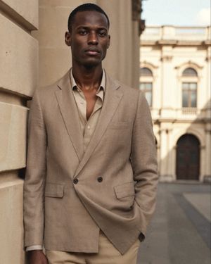Camel Blazer with Beige Shirt and Trousers