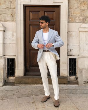 Pale Blue Blazer with White Tank Top and Beige Loafers