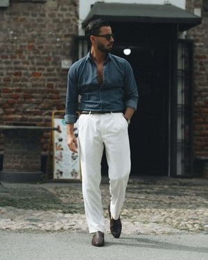 Dark Blue Denim Shirt with White Trousers and Woven Loafers
