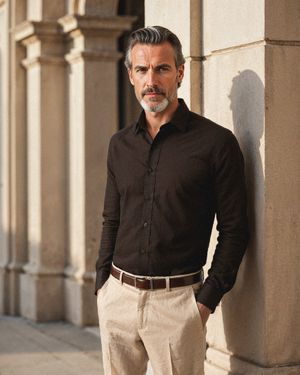 Dark Brown Linen Shirt with Cream Trousers