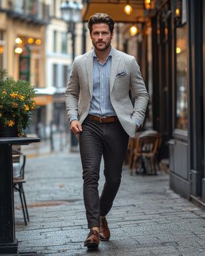 Beige Blazer with Striped Shirt and Charcoal Trousers