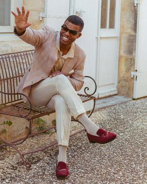 pink-checkered-blazer-cream-polo-trousers