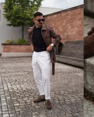 Brown Trench Coat with Black T-shirt and White Trousers