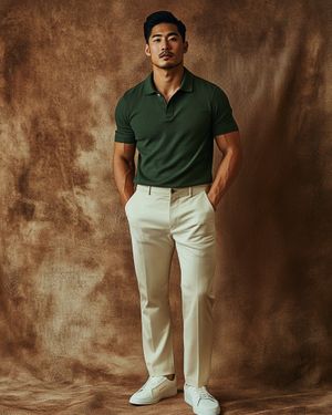 Forest Green Polo Shirt with Beige Trousers