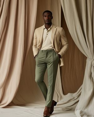 Beige Blazer with Cream Polo and Olive Green Trousers