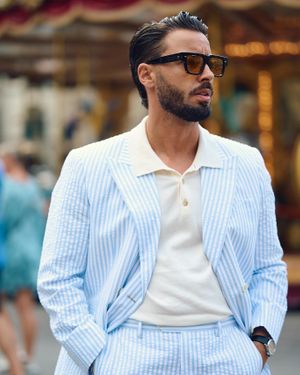 Sky Blue Seersucker Suit with White Polo Shirt