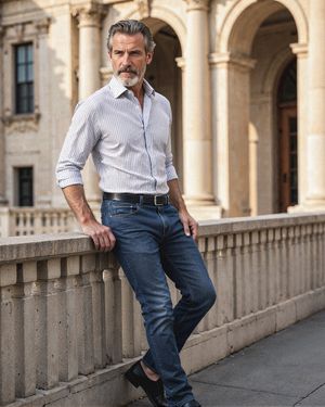 striped-dress-shirt-classic-blue-jeans