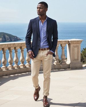 navy-blazer-striped-shirt-beige-trousers