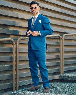 Royal Blue Suit with White Shirt and Patterned Tie